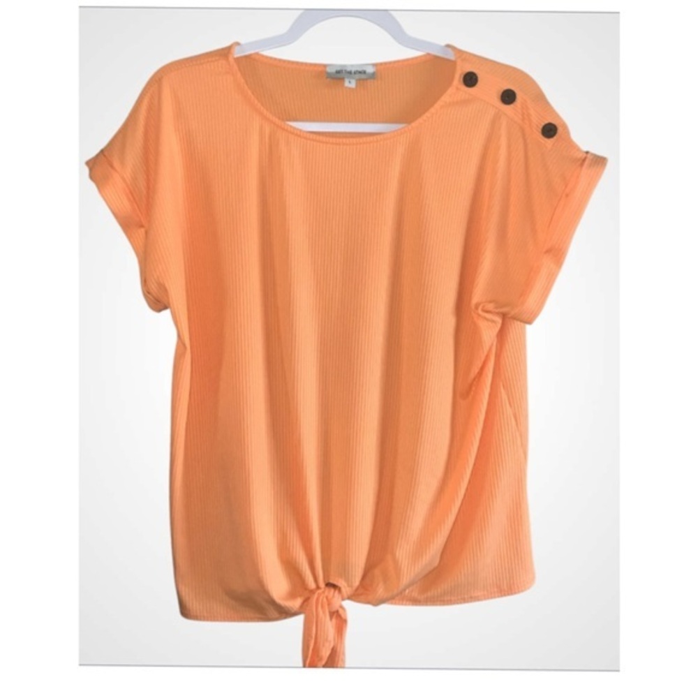 Set The Stage Orange Short Sleeve Tie Front Round Neck Casual Blouse L